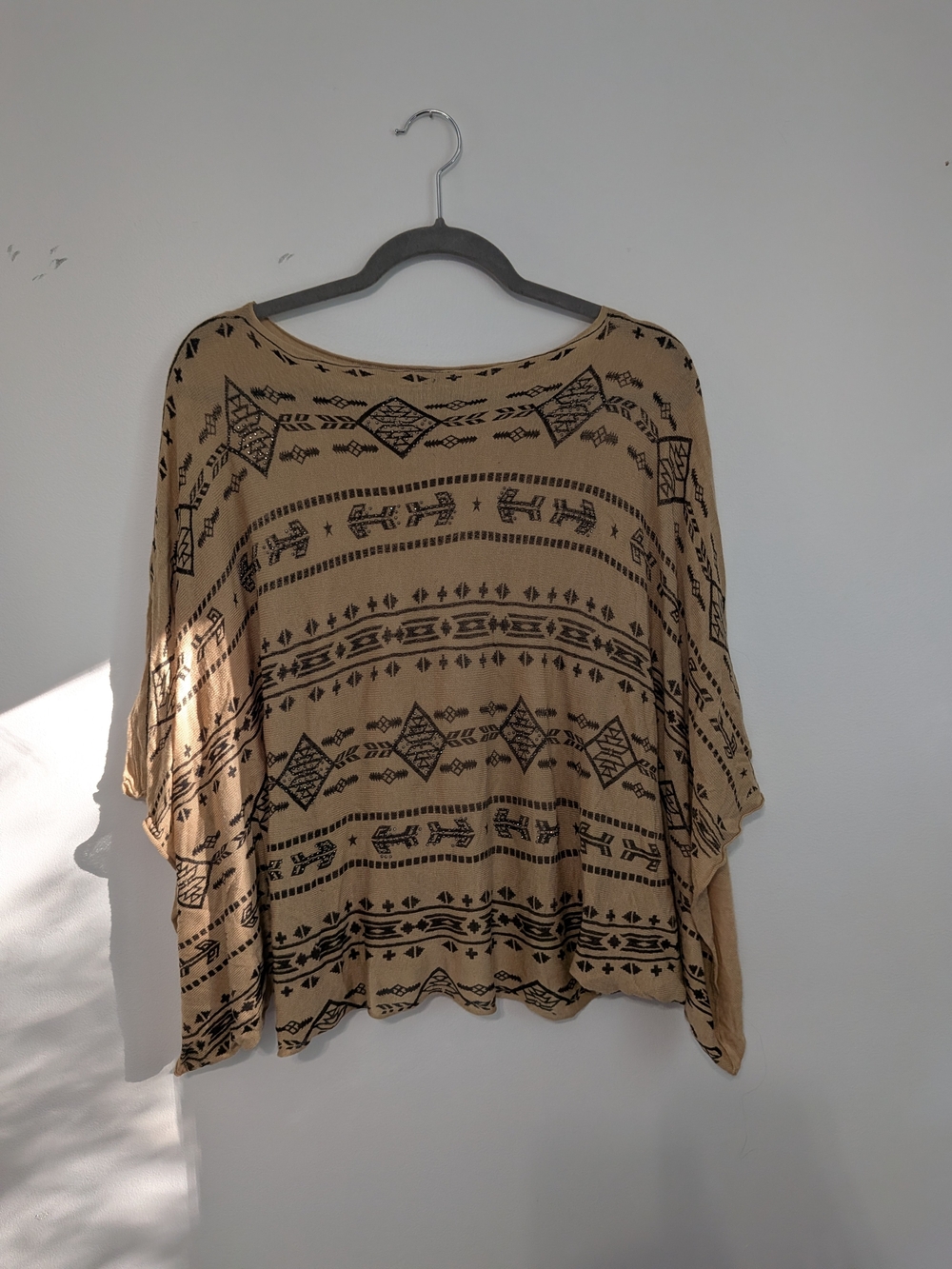 Beige/Tan Short Sleeve Batwing Top with Black Aztec Print